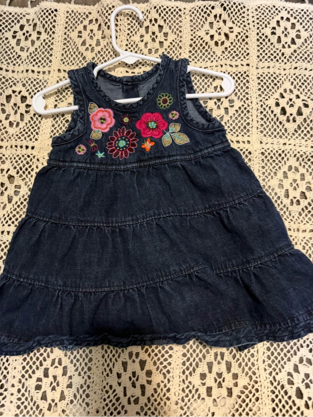 The Children's Place Dark Blue Denim Dress Bright Floral Embroidery  12 months